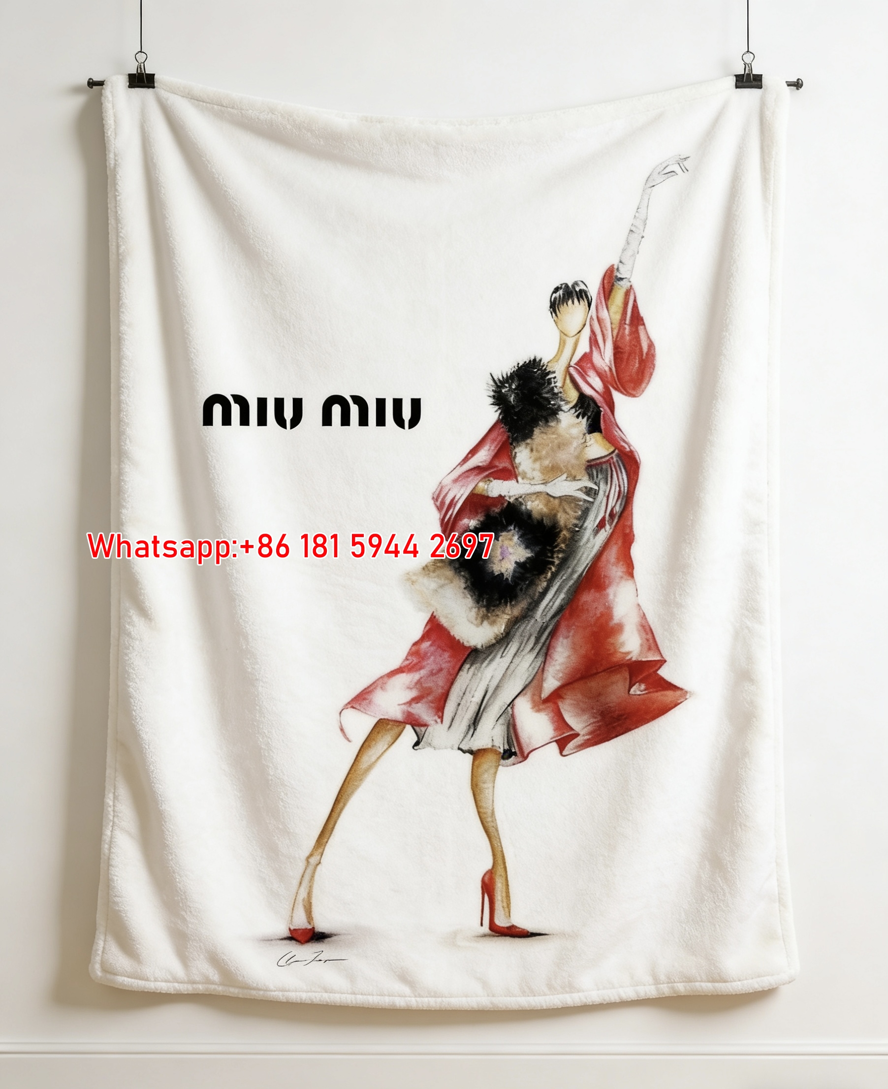 Miu Miu Red & Black Fur Trim Evening Gown Fashion Illustration Flannel Throw Blanket IMG_0572